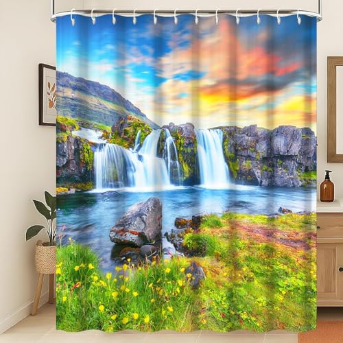 Xiaoterna Tenda da doccia primavera Lago verde Estate Cascata Tenda da bagno Natura Scenario Montagna Tramonto Cascata Tenda da doccia fiori Tessuto impermeabile lavabile in lavatrice 120x200cm