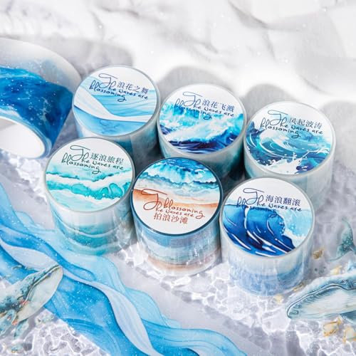 Scrapbook Zubehör Stickers Set,6 Rolls Wave Blumen Themed PET Washi Tape Aesthetic Stickers,Decorative for Journaling,Bullet Journal Zubehör,Photo Album,Mobile Phone,DIY Crafts(Wave Flower Series)