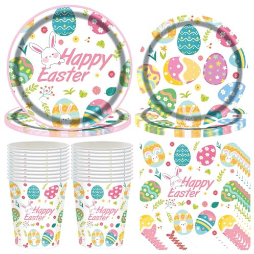 NTEVXZ 96pcs Stoviglie Pasquali Set, Piatti Compleanno Bambino, Tovaglia Piatti Tovaglioli Tazze, Stoviglie Festa di Pasqua, Decorazione Festa di Pasqua- 24 Ospiti