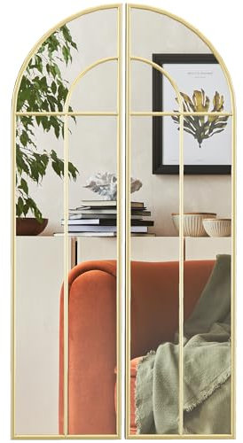 HOMCOM Espejo Decorativo de Pared de 2 Piezas 30x120 cm Espejo de Ventana con Diseño en Arco y Marco de Metal Espejo para Salón Dormitorio Entrada Dorado