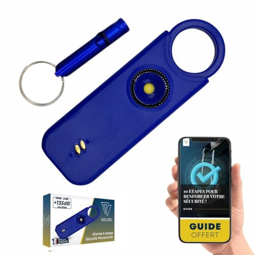 VOLTEK kit sifflet et Alarme personnelle (Bleu) Femme Defense + detecteur Porte et fenêtre autodéfense Auto Alarme Mini Autonome + sifflet Urgence personnelle Lampe puissante 135 DB, USB-C, Guide