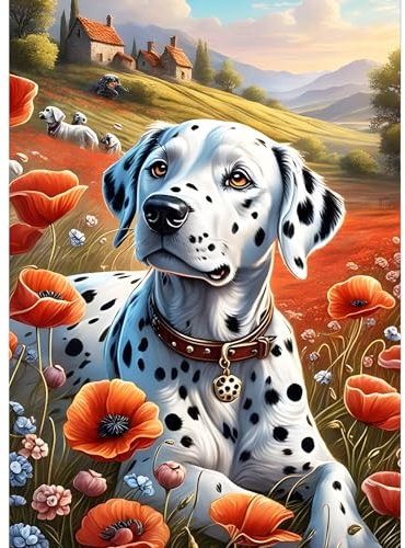 GDYEEH 5D Chien Tacheté Peinture Diamant Painting Kit, DIY Chiot Art du Diamant Complet Kits, Coquelicot Diamond Art Kits Strass Point de Croix Painting pour Adultes Débutants Maison Décor 30x40cm