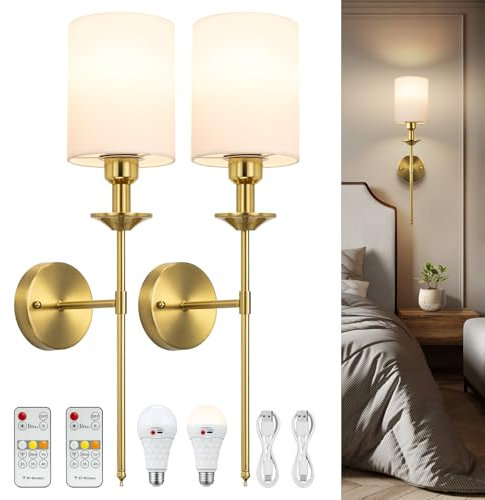 Battery Operated Wall Lights, Rechargeable Wall Sconces Set of 2 with Remote 5000mAh Battery Powered Wall Lights Dimmable with Fabric Shade LED for Bedroom Indoor Wall Decor