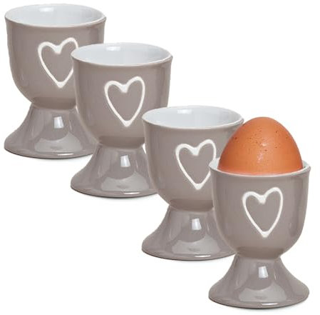 Bunte Landhaus-Stil Eierbecher 4er Set taupe - Runde Keramik Frühstücks-Eier Herzen Untersetzer