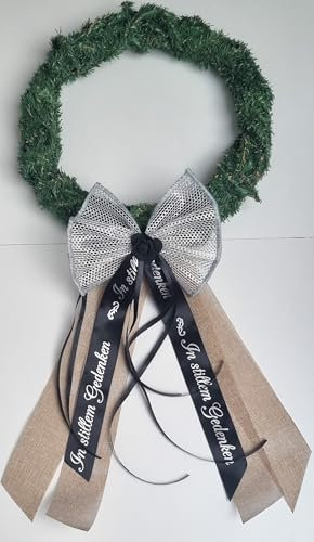 CaPiSo 20x40cm Fertigschleife Kranzschleife Rose Trauerschleife Trauer Grabschleife Gedenken Schleife Beerdigung Urnenbeisetzung Grabschmuck OHNE Kranz (Jute Natur-Schwarz)