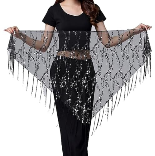 Women's Sequins Tassel Skirt Lace-up Glitter Fringe Belly Dance Hip Scarf | Tango Dance Skirts for Halloween Rave Party Costume, Shiny Triangle Scarf Wrap Skirt for Tango chacha Samba Rumba