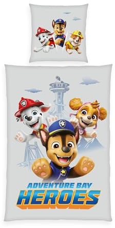 Herding Paw Patrol Flanell-Bettwäsche, Kissenbezug ca. 80x80 cm, Bettbezug ca. 135x200 cm, mit Knopfleiste, Baumwolle/Flanell, Grau