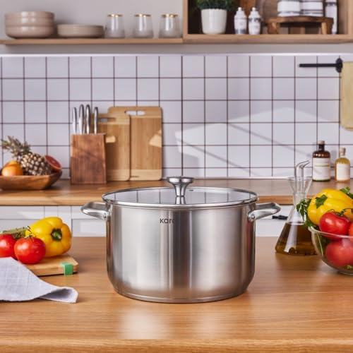 Karaca Elite 28 cm Stainless Steel Induction Stock Pot with Lid – PFOA-Free 18/10 Cookware for All Hob Types, Dishwasher Safe, Silver Finish
