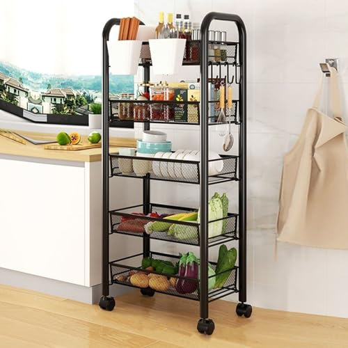Fruit Vegetable Storage Basket, 4 Tier Stackable Metal Mesh Storage Trolley, Rolling Fruit Vegetable Rack with 360 Degree Wheels, Multi Layer Produce Basket for Kitchen Pantry Bathroom (5 Tier)