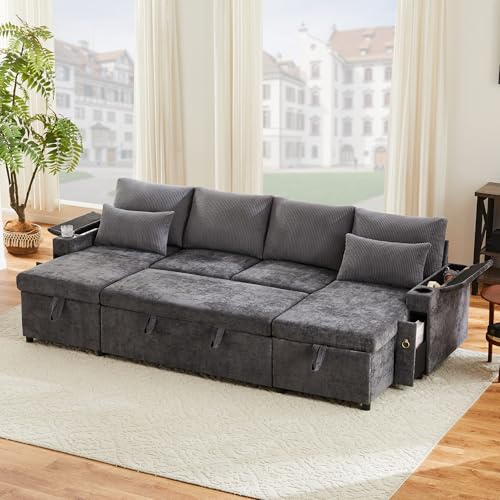 Kebnor Viersitzer-Schlafsofa in U-Form mit Getränkehalter, Ecksofa mit Stauraum und Schlaffunktion. Inklusive Getränkehalter und Kissen. Multifunktionales Sofa für Wohnzimmer/Wohnung. (Grey)