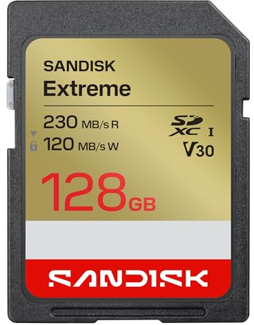 SANDISK Extreme Carte SD UHS-I 128 Go (Jusqu’à 230 Mo/s en Lecture et 120 Mo/s en écriture, vidéo 4K UHD, U3, V30) SANDISK Memory Zone App