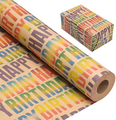 woric 43cm x 25m Geschenkpapier Geburtstag, Happy Birthday Geschenkpapier | Geschenkpapier Kraftpapier Geschenkpapier Rolle für Geburtstag Babyparty Mädchen Jungen Erwachsener