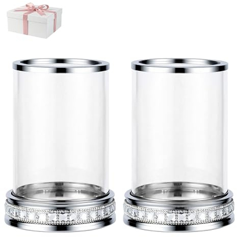 Pillar Candle Holder with Glass Wind Proof, Metal Hurricane Holders | Crystal Candle Stand for Table Centerpieces, Home Decor, Wedding, Dining Table
