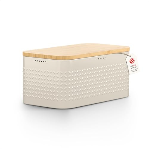 LARS NYSØM Bread Box I Metal bread box for long lasting freshness with non-slip pads I Baked goods Bin with bamboo lid usable as cutting board I 34.5x18.5x15.8cm (Cream Beige)