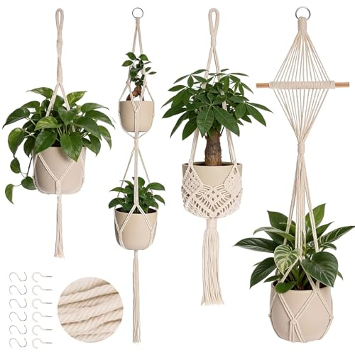 Chuner 4 Pezzi Appendini per Piante Macramè, Corda per Piante da Appendere, Portavasi da Appendere, Elegante Design Bohemien, per Balcone e Fiori Decorazioni (Bianco)