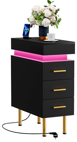 Nachttisch Schmal mit Steckdose, 1AC 2USB Nachtschrank mit RGB LED-Licht, Klappdeckel Beistelltisch mit 3 Schubladen, 4 verstellbaren Metallbeinen FüR Schlafzimmer Wohnzimmer, Schwarz 25cm Breit