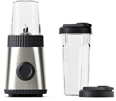 Guzzini, Sous Chef, On-The-Go-Standmixer mit zwei luftdichten Bechern, 600 ml und 300 ml, Doppelklinge aus Edelstahl, Pulse-Funktion, zwei Geschwindigkeiten, Bio-Basis (Anthrazit)