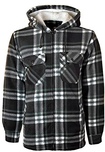 MyShoeStore Mens Padded Shirts Lumberjack Collared Hooded Flannel Check Jacket Thick Quilted Work Wear Warm Thermal Fleece Fur Lined Top Casual Coat (Hooded Black, M)