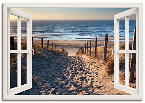 ARTland Wanddeko Leinwand Bilder Wandbild 130x90 cm Fensterblick Fenster Strand Düne Meer Maritim Landschaft Küste Natur T6BV