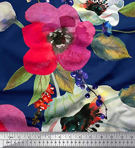Soimoi Blau Georgette Viskose Stoff Blutter & Mohn Blume Stoff Meterware 42 Zoll breit