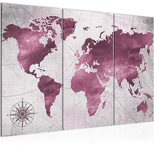 Runa Art Mappa Del Mondo Quadri Soggiorno Grande Rosa Vintage Antico 120 x 80 cm 3 Pezzi Decorazione Murale 026031b