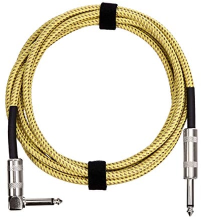 Amazon Basics Cable Auxiliar para Guitarra Eléctrica, Bajo, Teclados, Trenzado, Conector de 6,35mm en Ángulo Recto, Silencioso , 3 m, Amarillo y Marrón