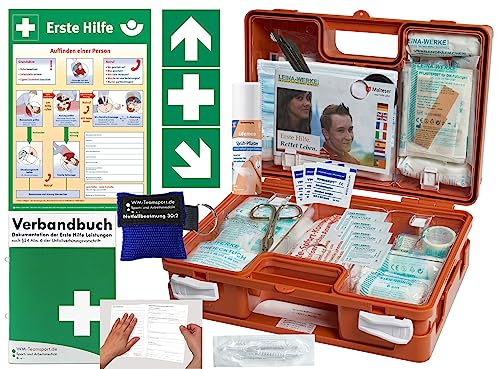 Verbandskoffer/Verbandskasten (K) Typ SN -Komplettpaket- Erste Hilfe nach aktueller DIN 13157 für Betriebe -DSGVO- INKL. PERF. VERBANDBUCH + Sprühpflaster & Notfallbeatmung + AUSHANG + AUFKLEBER