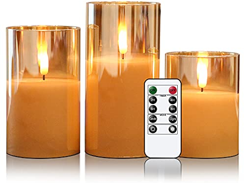 Eldnacele LED Kerzen mit Timerfunktion, flammenlose Kerzen mit Fernbedienung, elektrische Echtwachskerzen im Glas, flackernde Flamme 3-teilige led Kerzen-Set, Art Zimmer Deko, Gold