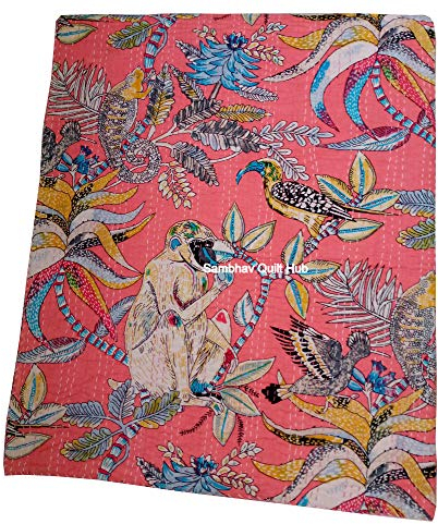Einzigartige Kantha-Steppdecke, Affen-Blumendruck, Baumwolle, handgefertigt, Bohemian-Dekor, Queen-Size/King-Size/Twin-Size-Größe, Boho-Decke, Überwurf, Decke (Rosa, Doppelbett, 152,4 x 228,6 cm)