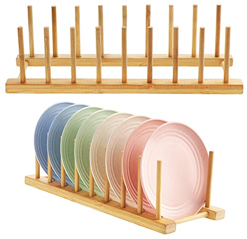 HonGien 2Pcs Bamboo Plate Racks, Stand Pot Lid Holder, Dish Racks, Kitchen Cabinet Organizer for Bowl, Tableware, Cups, Cutting Board, CD, Book (8 Slot)