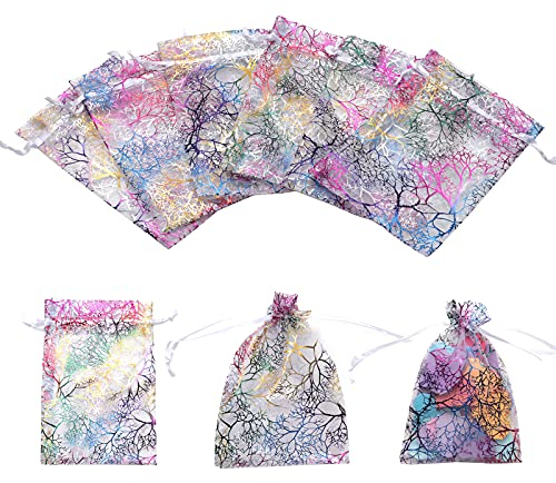 Lyaor 100 Stück Organzasäckchen 10x15cm Korallen-Muster Organzabeutel mit Zugband Hochzeit Säckchen Geschenkbeutel Schmuckbeutel Süßigkeiten/Schokolade Taschen für Party Hochzeit Weihnachten - Weiß