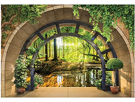 WallArena - Vlies Fototapete Wald Bach Fenster mit Aussicht Natur Ausblick 368x254 cm - Fototapeten - Tapeten - für Wohnzimmer Schlafzimmer - Vliestapete Wandtapete Tapete 3D Effekt- inkl. Kleister