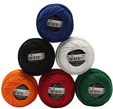 UMC STAG 6 Knäuel 6 essentielle Farben, Premium-Perl-Baumwoll-Stickgarn, Größe 8, 100 % ägyptische Baumwolle, Häkelgarn, Kreuzstich-Stickgarn, Oeko TEX zertifiziert, 10 g/Knäuel (Mix Essential)