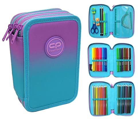 CoolPack XXL Pencil Case 3-Compartment School Pencil Case Triple Pencil Case for One Girl Ombre Violet Pencil Case 44-Piece Filled Student Case 3-Tier, Purple, Pencil case