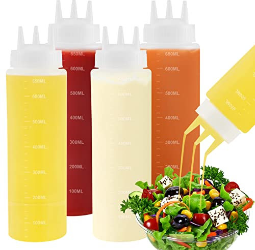 Paquete de 4 botellas de plástico para condimentos de 652.0 g, 3 agujeros, botella de salsa, botellas para jarabe, ketchup, aderezo, aceite, miel