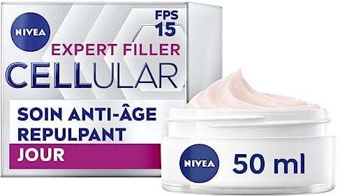 NIVEA CELLULAR Expert Filler Soin de jour FPS15 (1 x 50 ml), Crème visage anti-âge raffermissant enrichi en acide folique pur et acide hyaluronique, Soin repulpant pour peaux matures