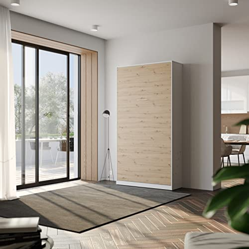 Schrankbett 100x200 cm Vertikal S1 Klassik Platinweiss/Wildeiche mit patentierten Gasdruckfedern, Einzel