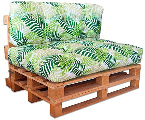 Ventadecolchones - Cojines para palets europalé, Conjunto de Cojines para Sofá Palet Acolchado: Respaldo 120x40 cm + Asiento 120x80 cm desenfundables - Loneta Exterior Antimanchas Hojas Verdes
