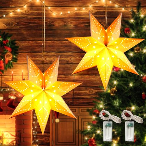 LED Papierstern Beleuchtet zum Aufhängen,2 Stück Weihnachtsstern Beleuchtet,Papier Stern Dekoration,3D Leuchtsterne Weihnachten Fenster,Weihnachtsdeko Fensterdeko Weihnachten Innen Aussen,45 cm