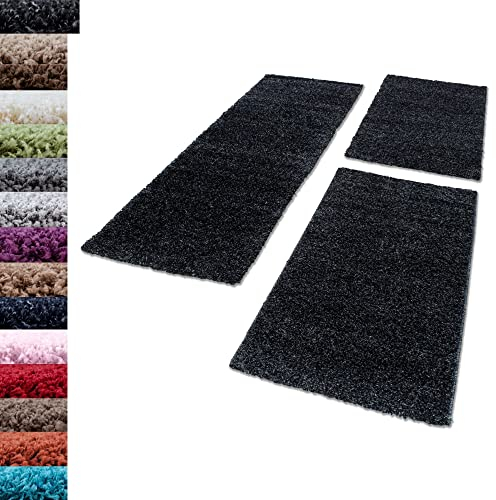 Carpettex Bettumrandung Schlafzimmer 3teilig Shaggy Teppich Hochflor Einfarbig Anthrazit Bettset:2 mal 60x110 + 1 mal 80x250 - Bettvorleger Schlafzimmer Läuferset Flauschiger Bettumrandung Teppich