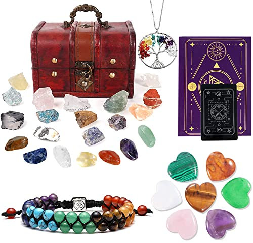Soulnioi Healing Crystals Set: 14 Raw Stones, 7 Chakra Stones, 7 Crystal Heart Shaped Stones, Tree of Life Necklace, 7 Chakra Double Layered Bracelet with Wooden Box for Beginners Meditation (31 PCS)