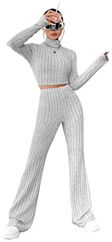 GORGLITTER Oberteil Und Hose Set Damen Crop Top Langarm Strick Schlaghose Zweiteiler Bauchfreies Shirt Hellgrau M