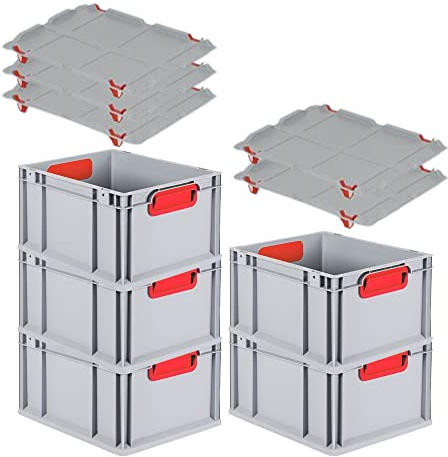 PROREGAL SuperSparSet 5x Eurobox NextGen Color mit Auflagedeckel & Schiebeschnappverschlüsse, HxBxT 22x30x40cm, 20L, Griffe rot geschlossen, Glatter Boden, Eurobehälter Transportbox Transportbehälter