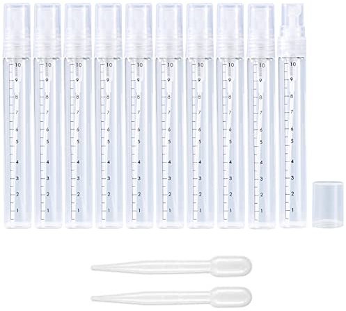 Apstaqeoo 10Pcs, 10Ml Empty Glass Spray Bottles with Scale - Clear Mini Sample Perfume Atomizer Vial Travel Bottles Set with Fine Mist Sprayer & Clear Dust Cap Perfect for Fragrance, Essential Oils