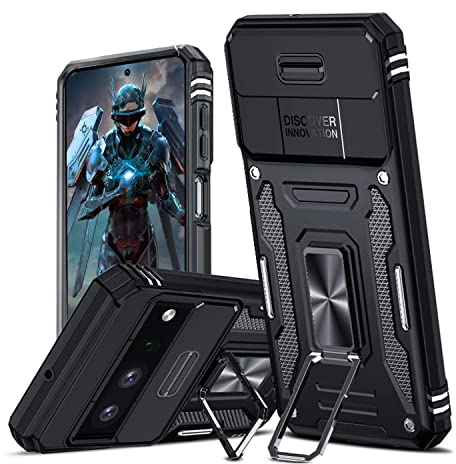 TUUTPU Hülle für Google Pixel 7 Pro Kameraschieber Schutz, Hybrid Handyhülle mit Kameraschutz Kickstand Ständer Metall Ring Handy Hüllen, Militärqualität Standard Stoßfeste Schutzhülle Case - Schwarz