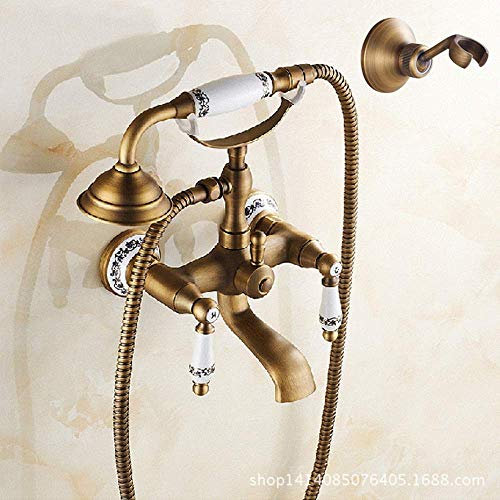 ZEDARO Europäischer Retro-Blau-Weiß-Porzellan-Bronze-Antik-Duschkopf 2-Funktions-Duschset-System mit festem Sitz Kupfer-Badezimmer-Warm- und Kaltwasser-Duscharmatur Schöner und praktischer Luxus