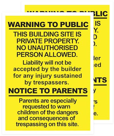 RDLCAR Lot de 2 panneaux d'avertissement pour bâtiment, avertissement de sécurité au public - Avis aux parents, avertissement de chantier de construction - 300 mm x 400 mm - PVC de 1 mm d'épaisseur