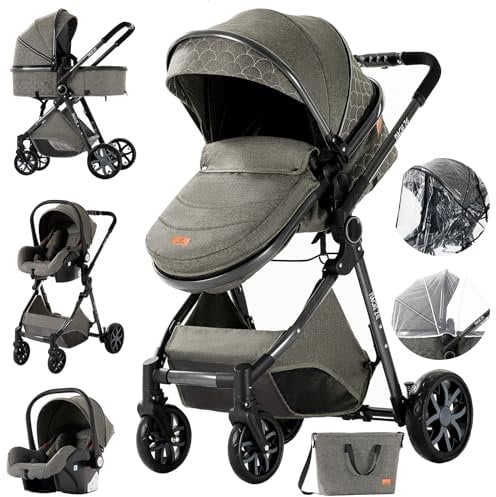 MoLi Kinderwagen 3 in 1, Kinderwagen mit Umkehrbarem Doppelschiebemodus, Buggy mit Großer Bequemer Babywanne, Kombikinderwagen 3 in 1 Rahmen Aluminiumlegierung Faltbar Hohe Landschaft (225 Deep Grey)