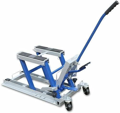 RANZIX Motorradhebebühne, Motorradheber hydraulisch, bis 680 Kg belastbar, gummierte Trageflächen, einfache Bedienung, Montagebock Klapp Hebebühne Plattform (Blau)