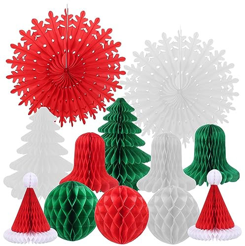 YUDAEE 12pcs Christmas Paper Fan Retro Ceiling Decorations - Paper Hats, Pom Poms, Tree Bell, Honeycomb Decoration for Xmas Home Party Supplies